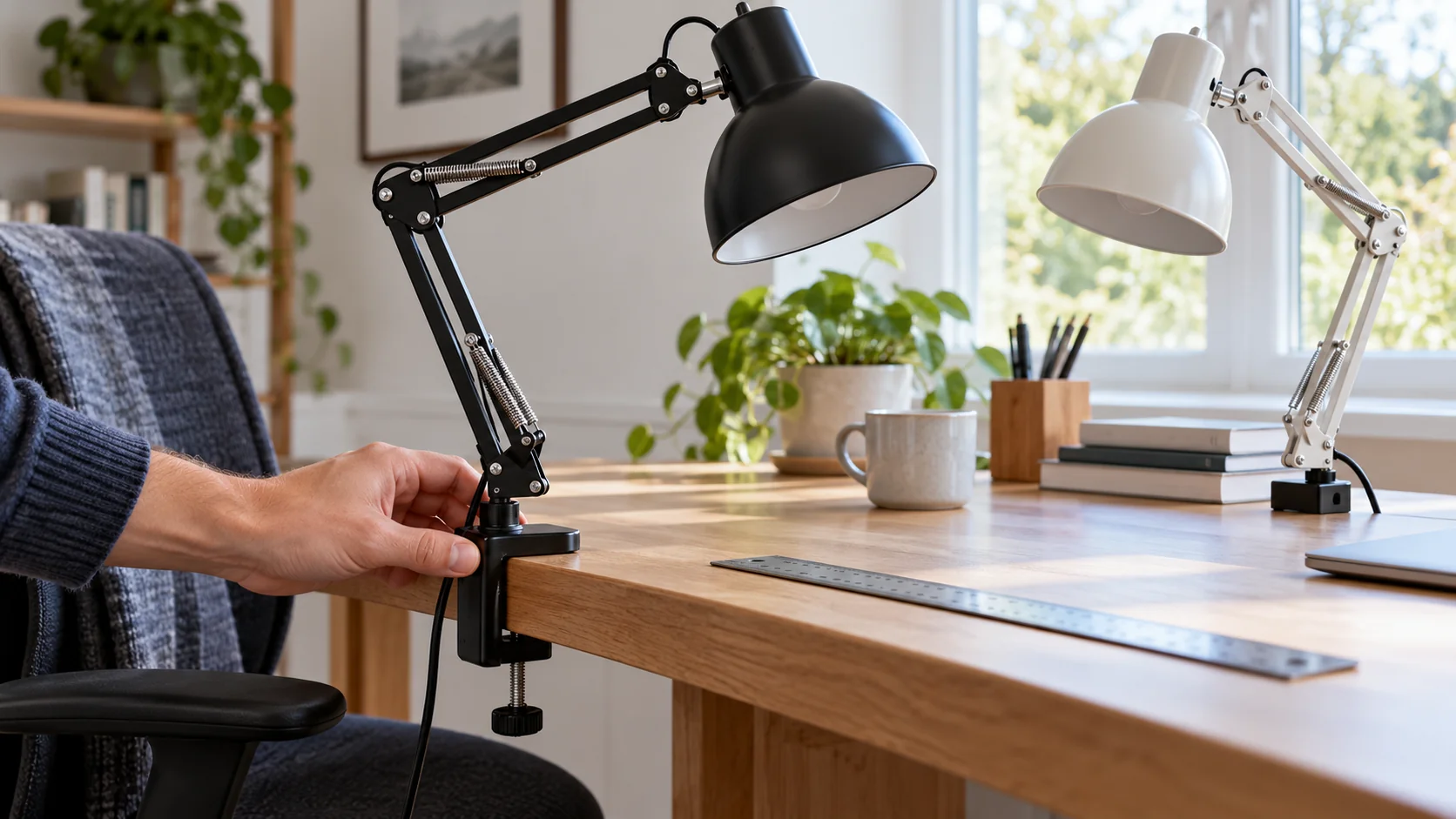 clamp desk lamp slipping check with a hand at the desk-edge clamp, a ruler and two task lamps in a home workspace.