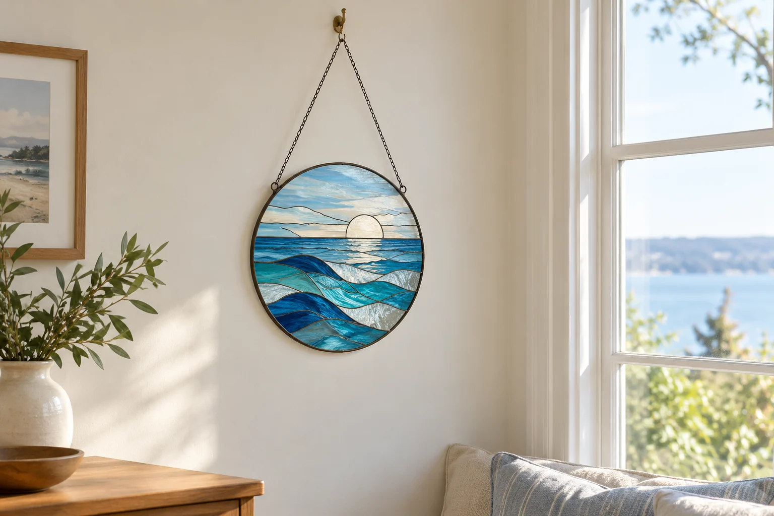 Scenic window suncatcher hanging near a window with room around its chain and a visible ocean-inspired panel design