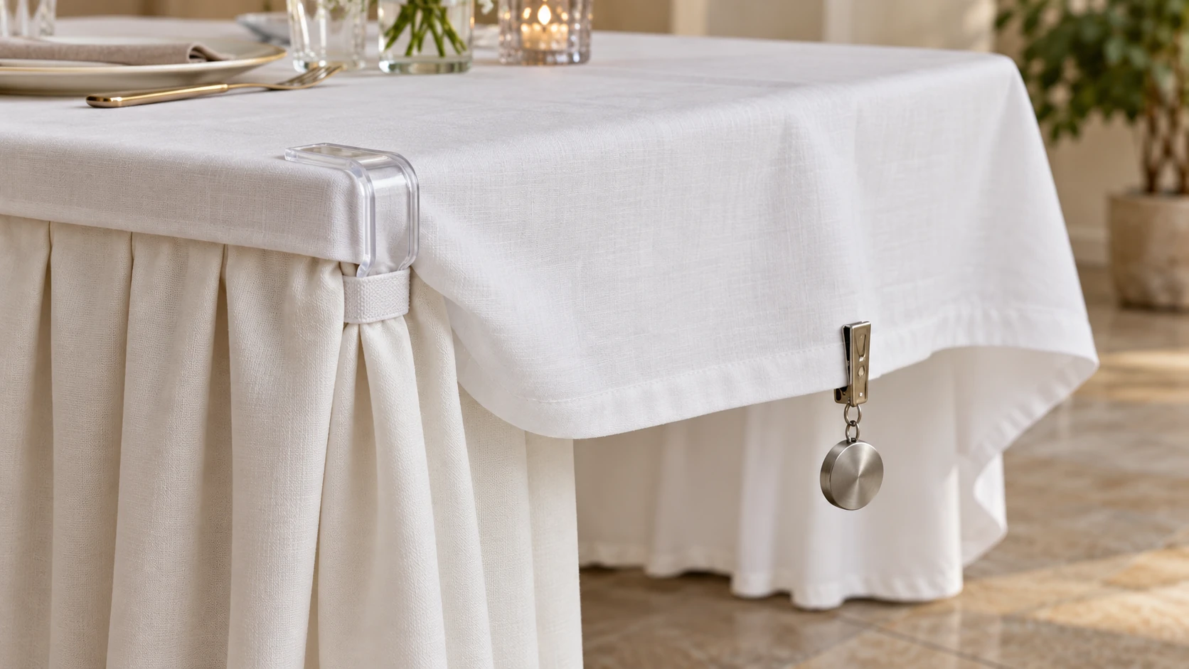 Tablecloth clips and weights shown at their different attachment points: a clear clip at a table edge and a hanging metal weight at a cloth hem.