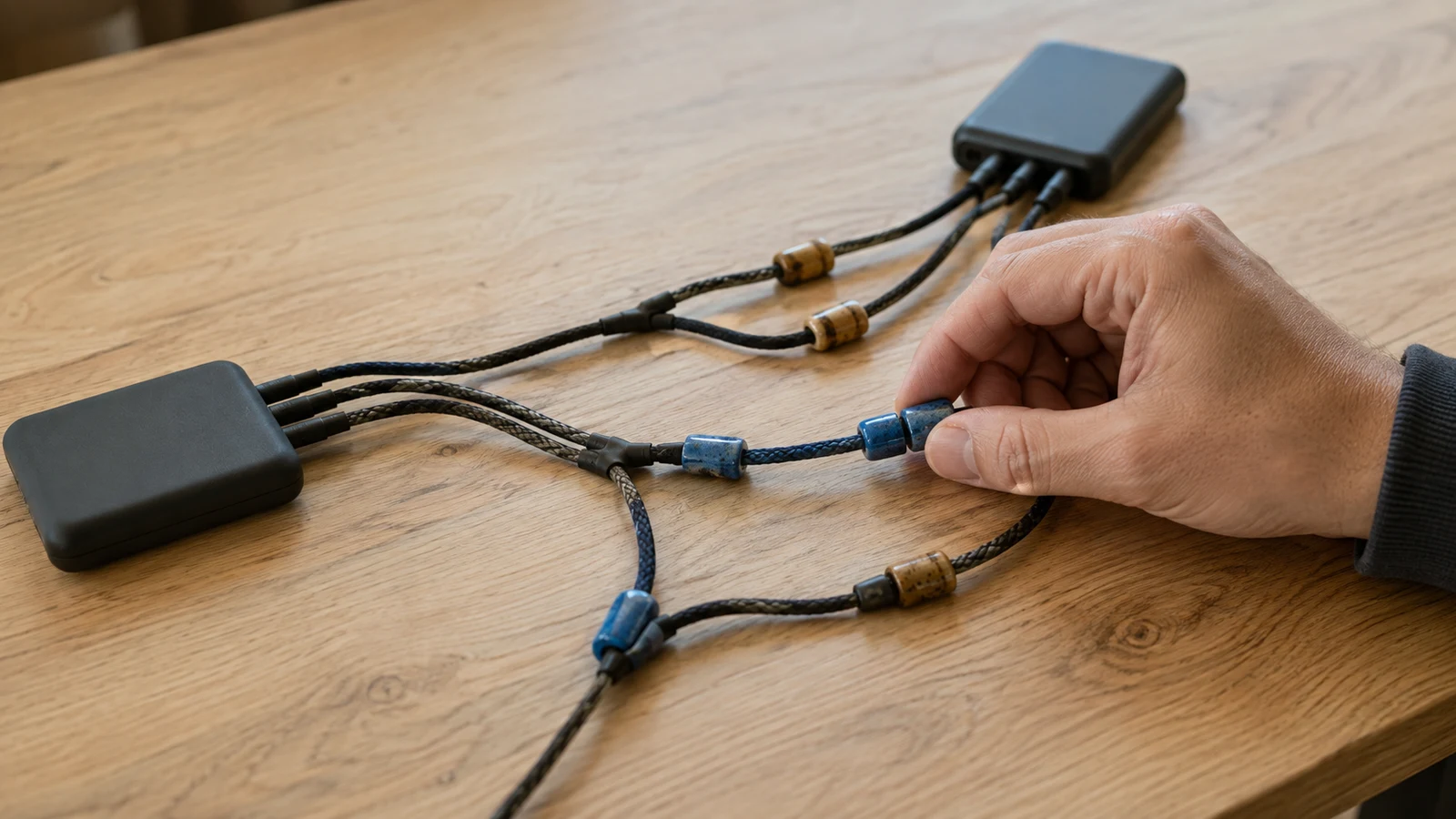 choosing a crypto payment network: A hand aligns blue markers on branching cords between two dark devices on a wooden table.