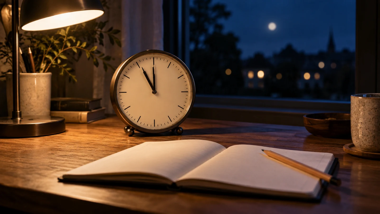 calculate elapsed time: An analog clock stands beside an open notebook and pencil on a lamplit wooden desk.