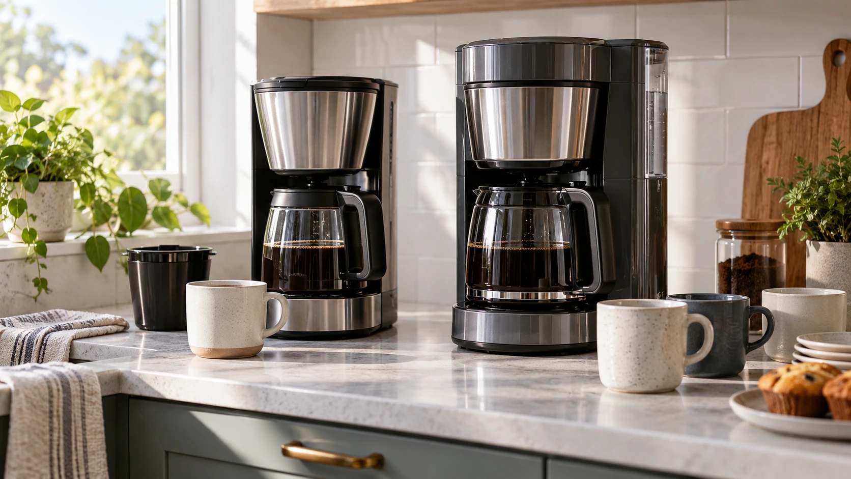 For OXO Brew 8-Cup vs KitchenAid KCM1209DG coffee maker, weigh household serving size, warming time, cleaning, and counter placement.