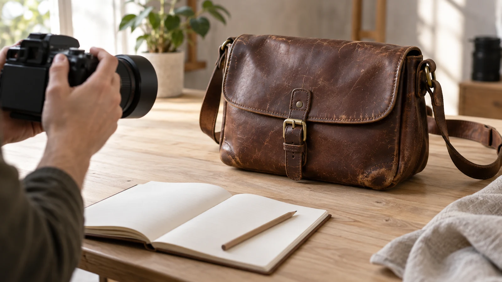 product photo shot list: Hands aim a camera at a scuffed brown leather bag beside an open notebook.