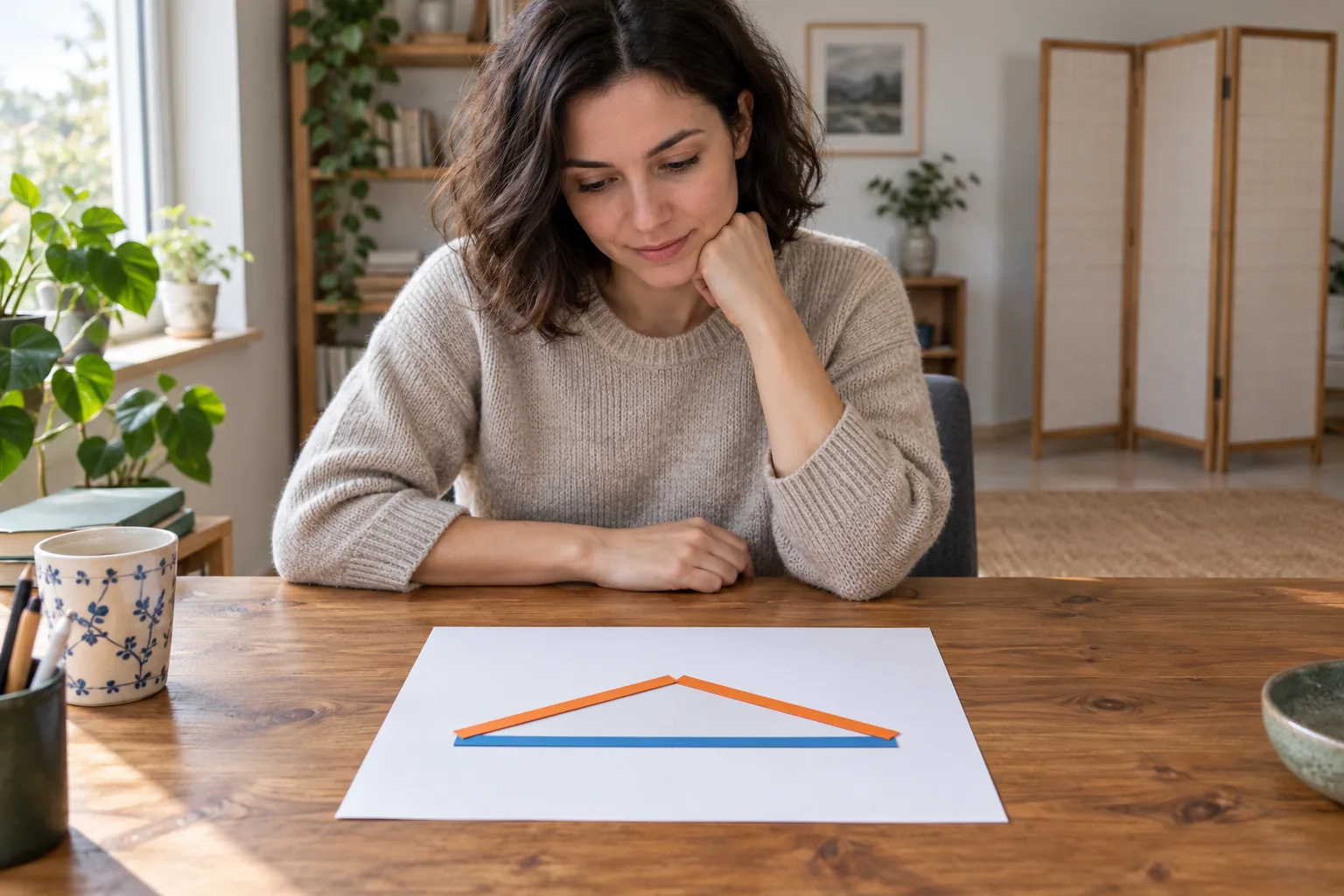 A room divider paper plan compares a bent two-segment line with a separate straight span marker while an unused folding screen remains in the background.