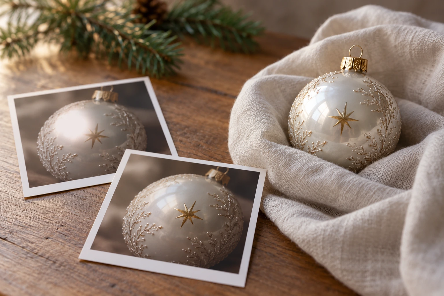 Christmas ornament glare considered through a generic decorated bauble and two conceptual views of a bright patch beside visible surface pattern.
