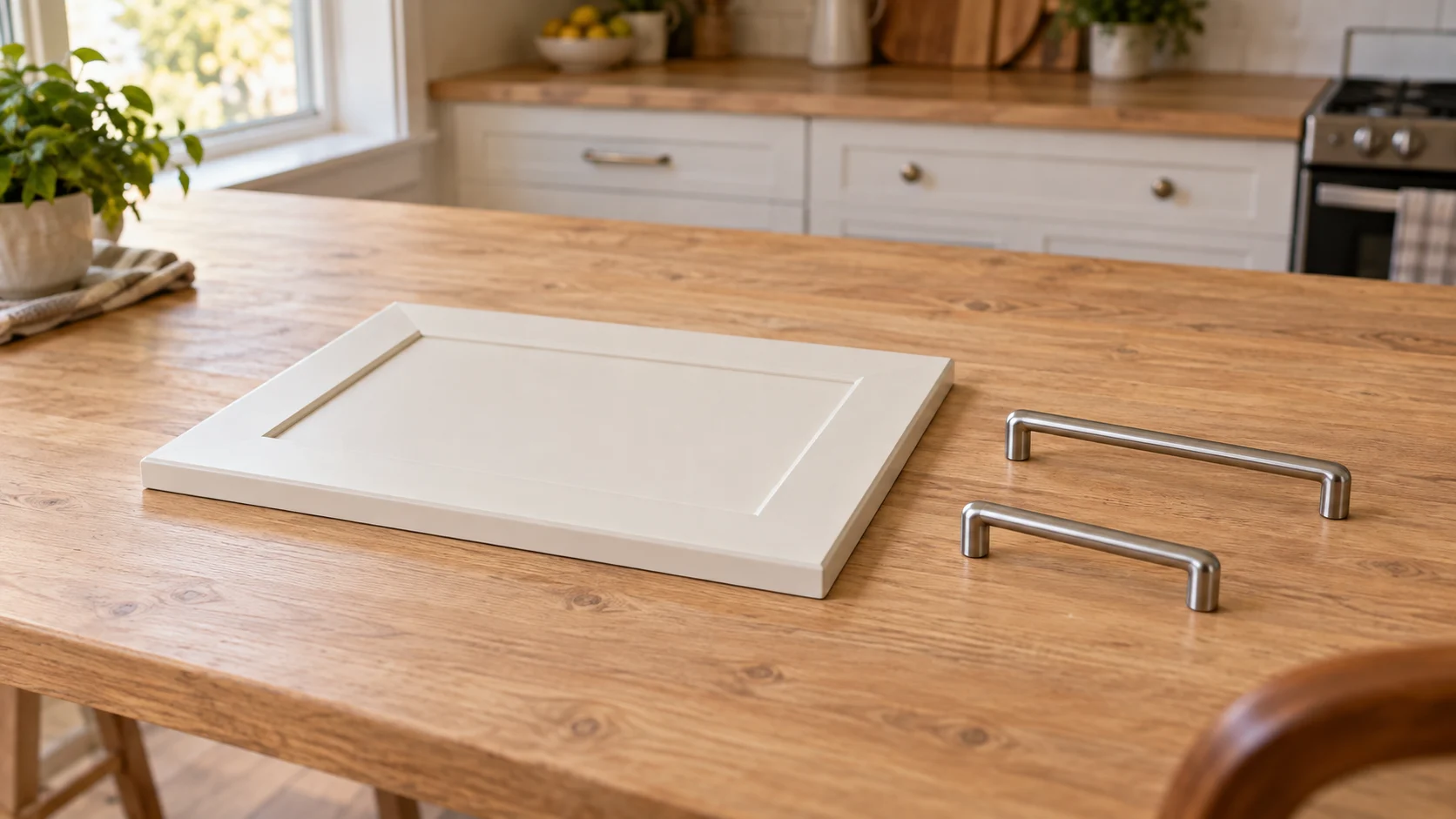 Cabinet handle replacement fit concept with a whole plain drawer front and two separate generic bar handles on a home worktable.