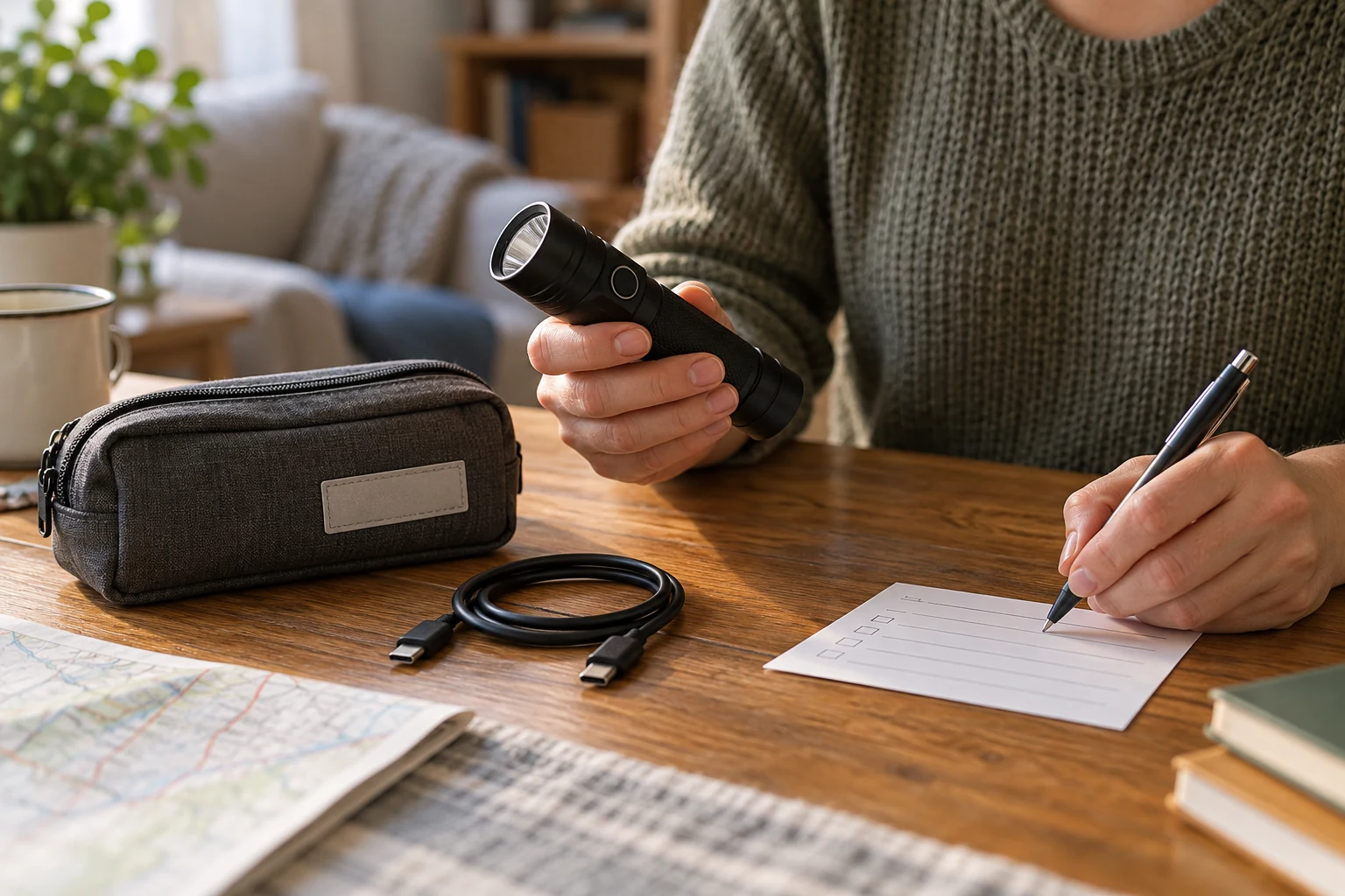Rechargeable flashlight emergency kit setup as a person checks an unlit handheld light, charging cable and kit note on a table.