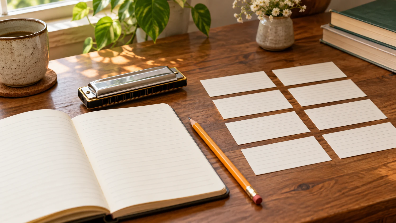 Harmonica acrostic poem concept with a generic unplayed harmonica beside an open notebook, pencil and separate line cards, without notation, hands or a performance demonstration