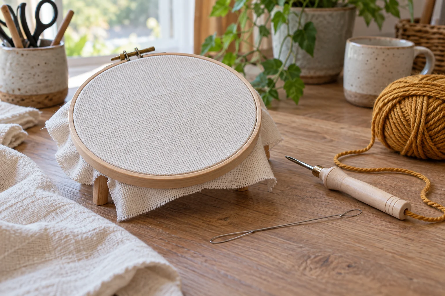 Conceptual punch needle cloth compatibility scene with a generic punch needle, wire threader, ochre yarn and cotton cloth in a raised working hoop.