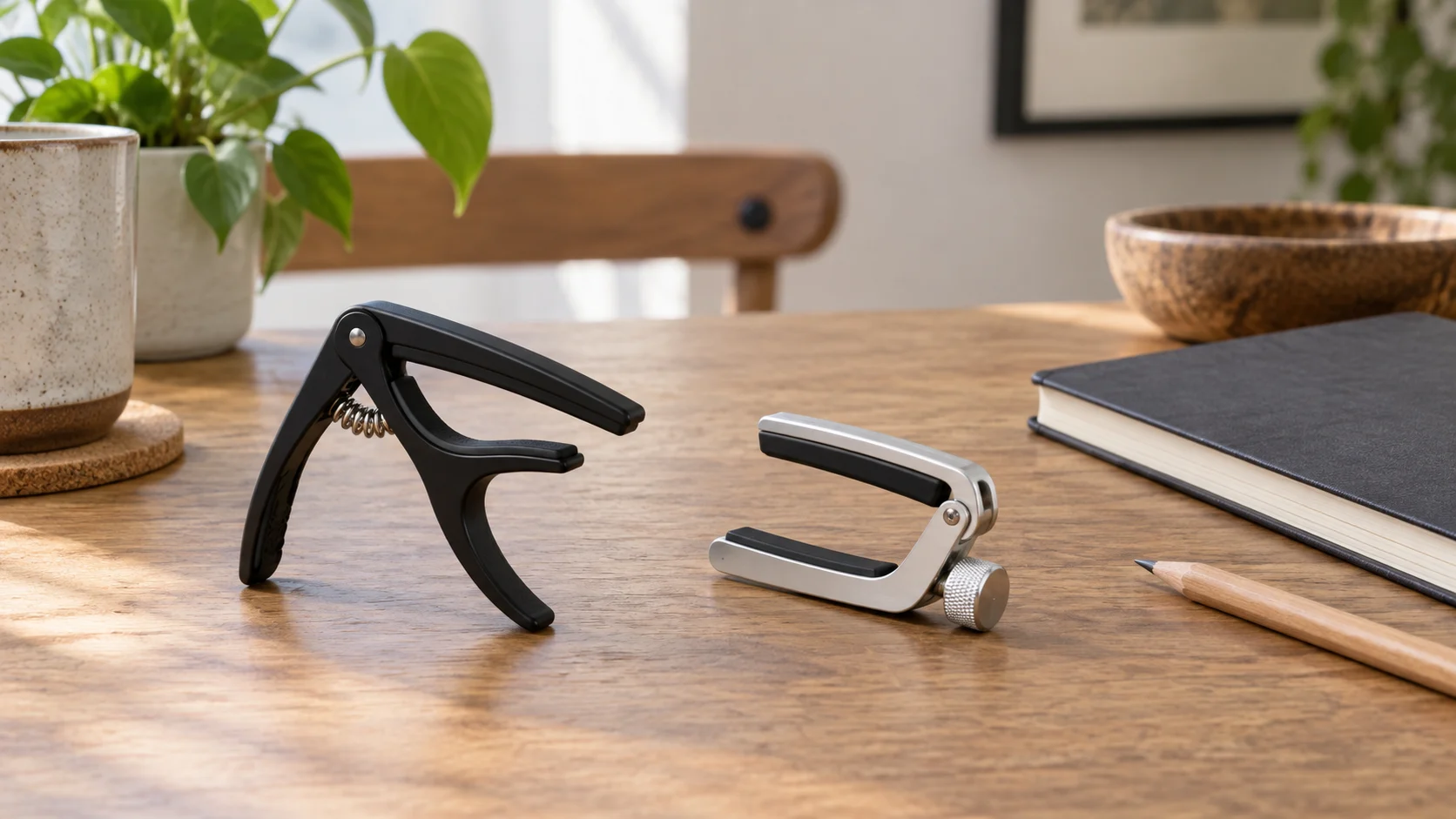 Classical guitar capo buzz illustrated conceptually with two whole generic uninstalled black and silver capo accessories on a wood table.