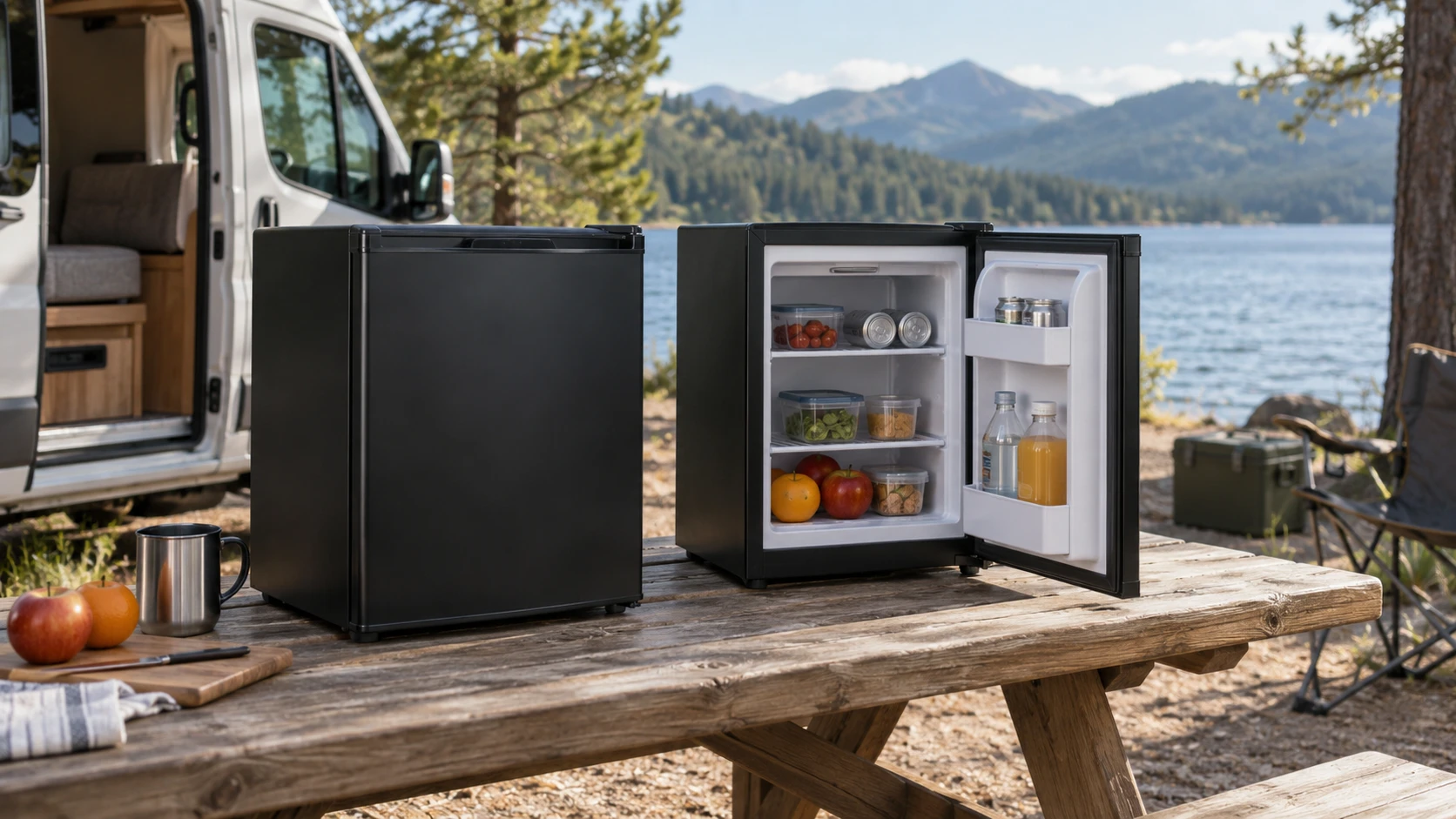 For SMAD DSX-60B2U-3 compact refrigerator, weigh power claims, cabinet size, door access, shelves, weight, and vehicle fit.