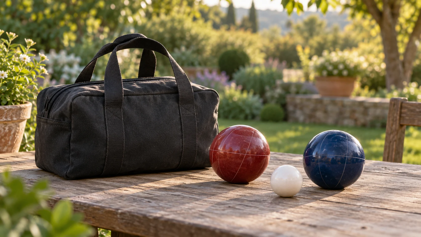 A bocce visit illustrated by a complete generic black carrying bag, red and blue balls and a white pallino on a garden table.