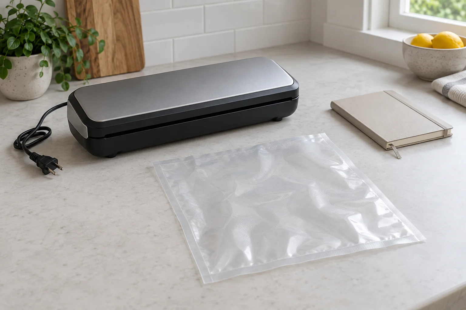 Vacuum bag loosens after sealing concept with a whole generic idle vacuum sealer and a whole loose empty clear bag beside it.