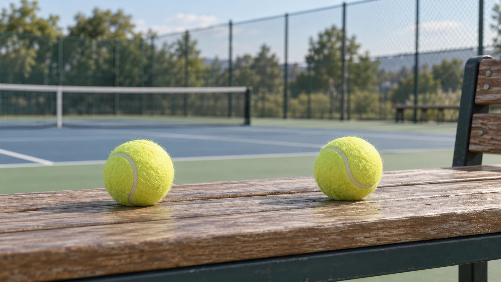 Tennis balls and court surfaces illustrated conceptually by two whole generic yellow felt balls resting on a courtside wooden bench.