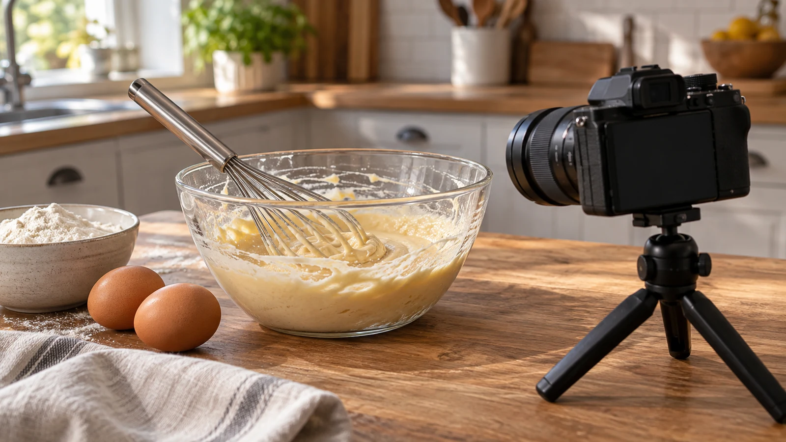 recipe progress photography: A camera on a tripod stands beside a glass bowl of batter and a whisk on a wooden counter.