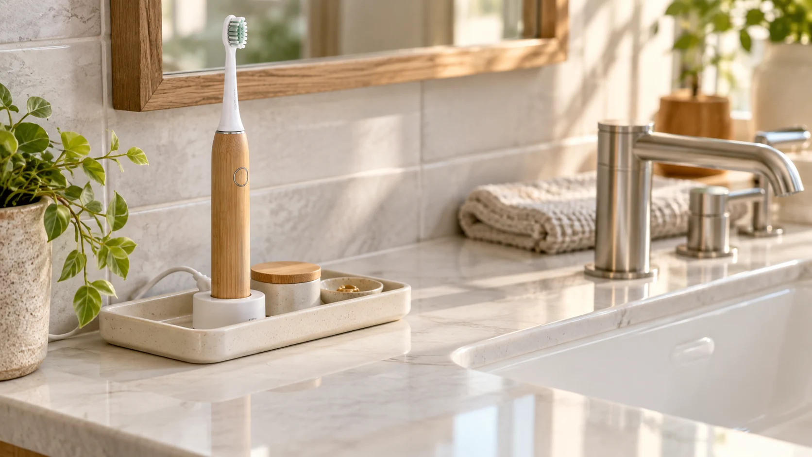 An electric toothbrush at a clear bathroom care tray with a nearby charging place and open sink space.