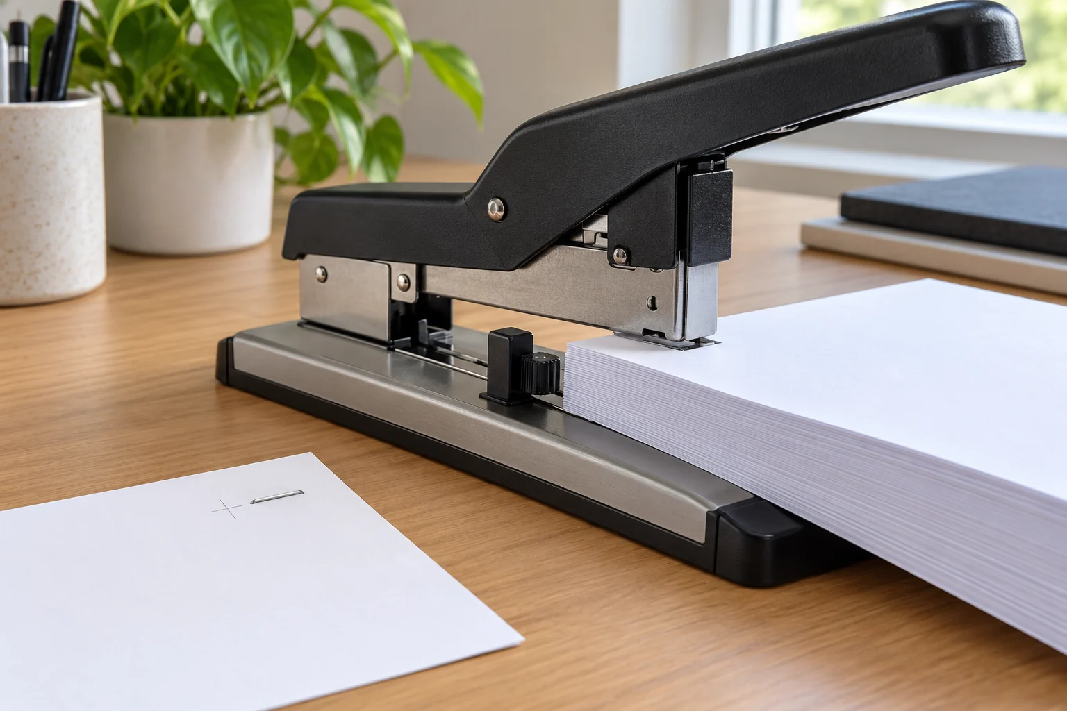 Crooked staple placement illustrated by a manual heavy-duty stapler, squared paper stack, depth guide, and a marked test sheet.