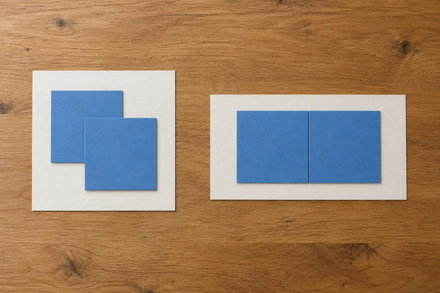Paper layout area and fit illustrated by overlapping paper squares on one sheet and a side-by-side arrangement on a wider sheet, comparing two placement agreements.