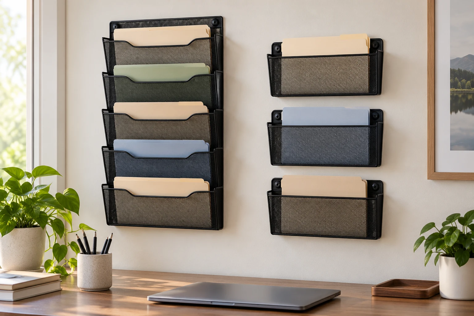 Wall file organizer won't hold folders neatly, shown by a five-pocket mesh rack and three separate wall pockets with folders of different heights.