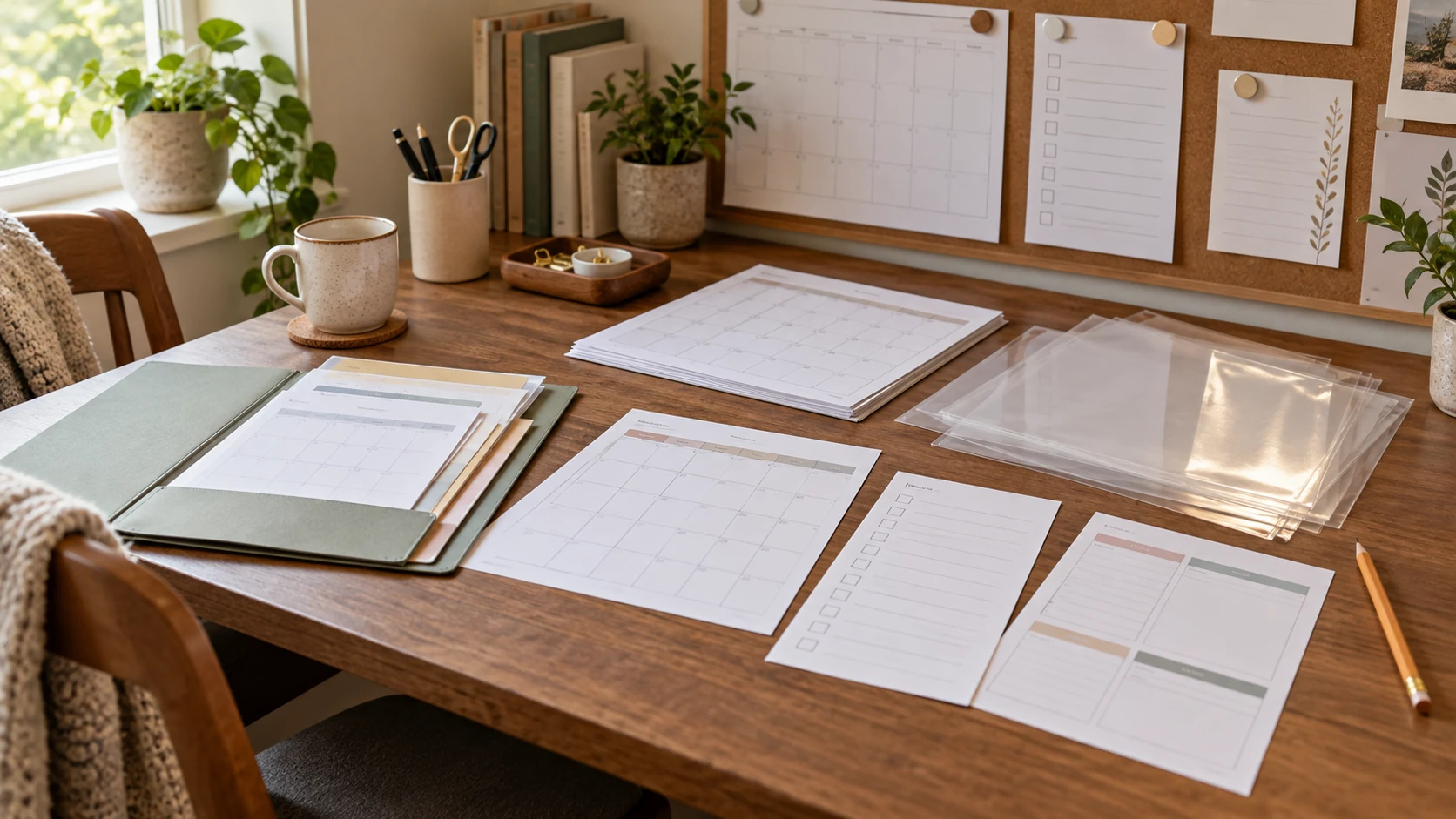 A household information wall with a calendar and checklist beside a desk holding clear pouches, replaceable paper copies, and a folder.