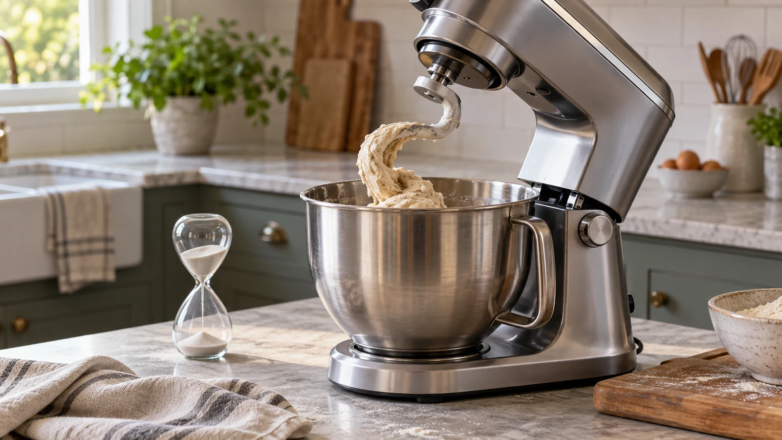 Geek Chef mixer duty cycle checks: An unbranded stand mixer holds dough above a steel bowl beside an hourglass on a kitchen counter.