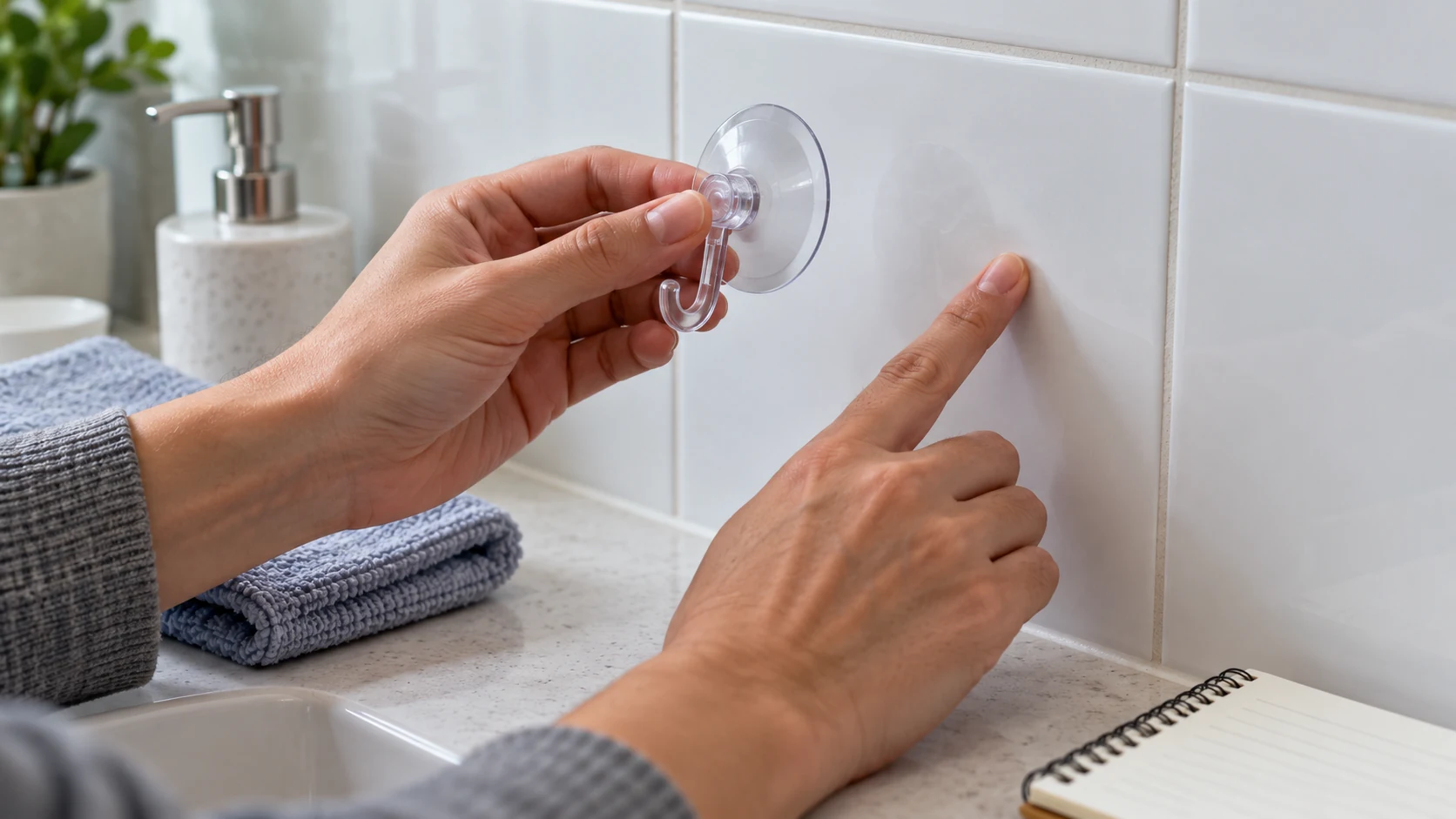 Suction hook keeps falling: a person checks a clear cup against a smooth tile center while a light washcloth rests nearby.