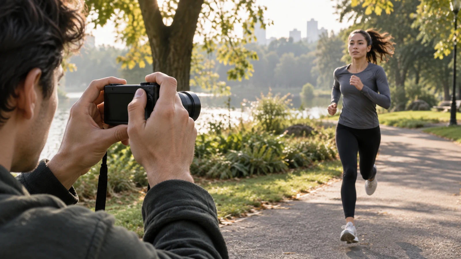 action photo timing: A person holds a black camera toward a woman running along a sunlit park path.
