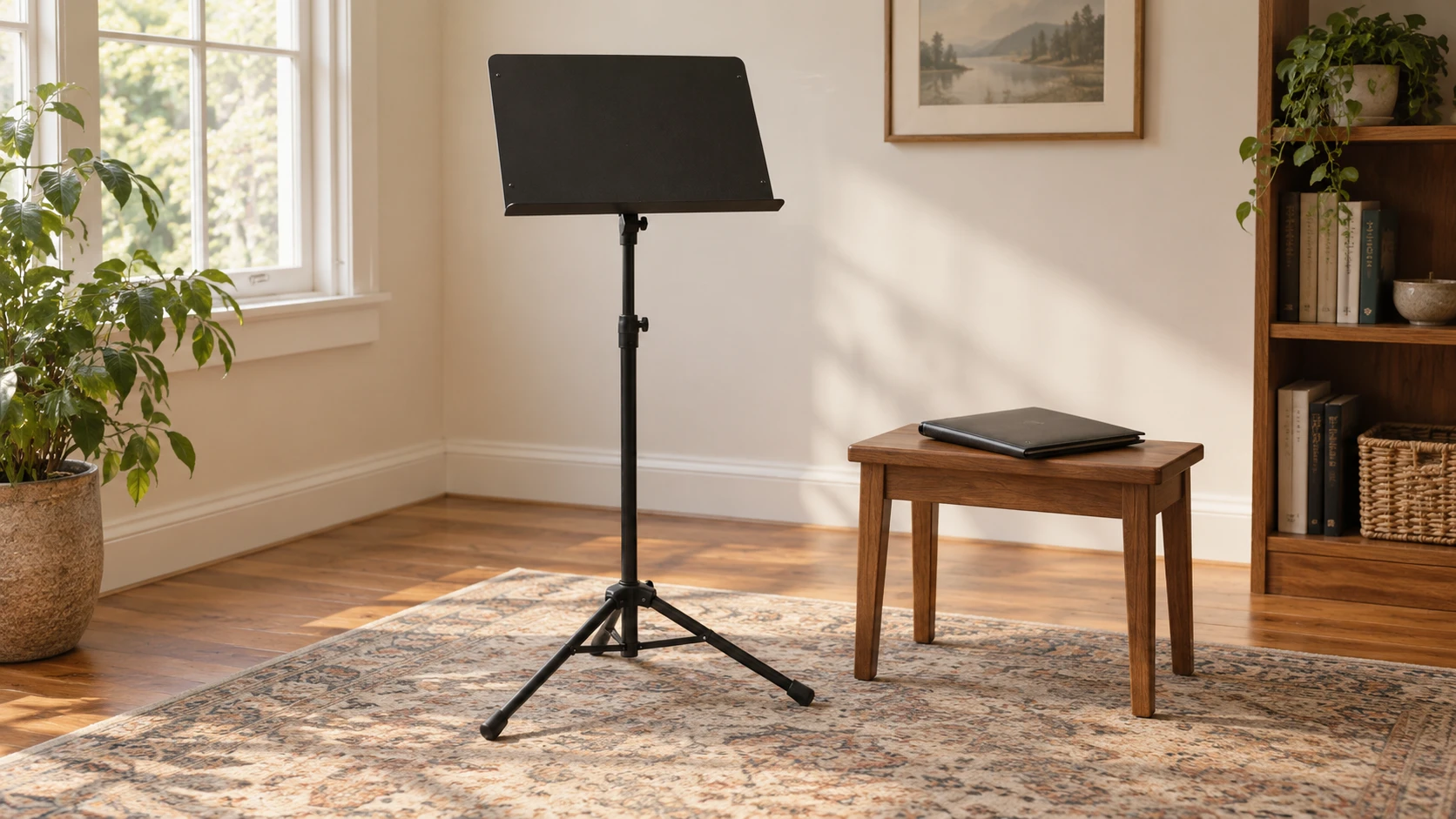 Sheet music afternoon at home concept with a whole generic inactive music stand and separate closed music folder.