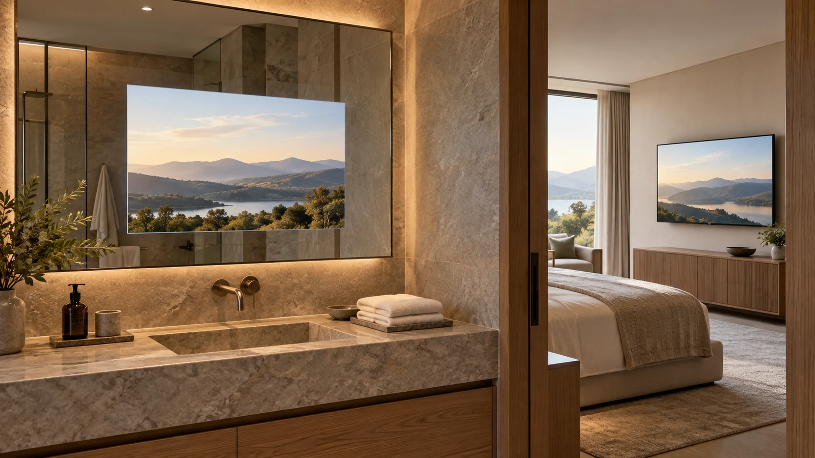 Soulaca IP65 mirror TV: A screen sits within a bathroom mirror beside a doorway revealing a television on a bedroom wall.