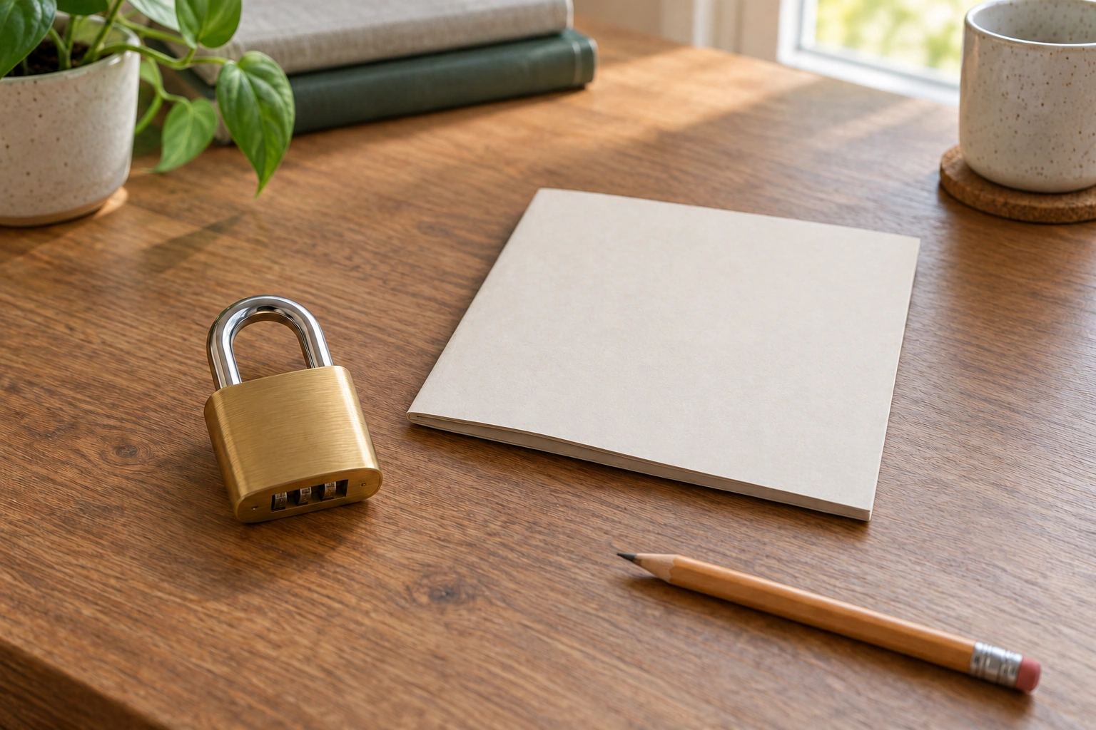 Padlock combination reset review with an idle lock beside a closed instruction booklet before another setting change.