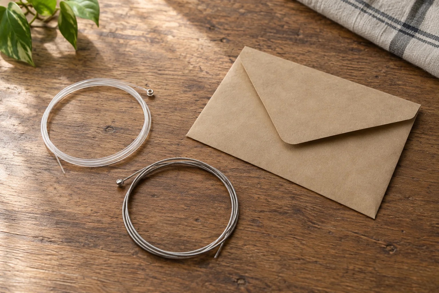 Guitar string compatibility concept with complete pale and silver-coloured guitar string coils beside a plain paper envelope on a wooden table.
