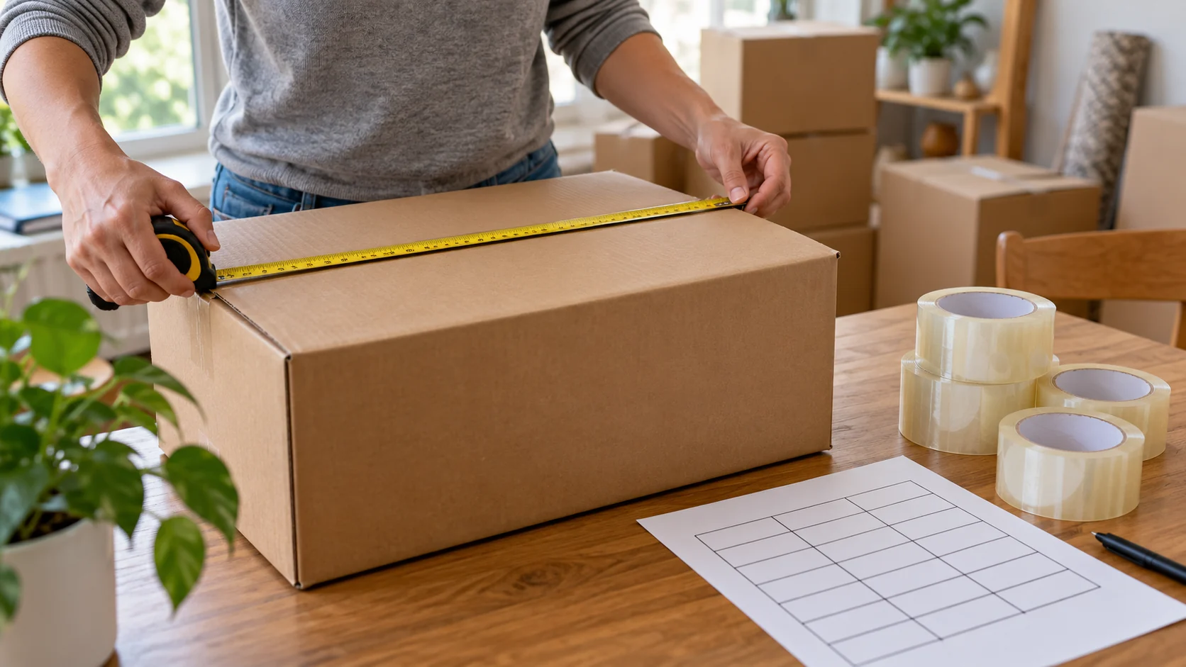 Packing tape bulk-pack math: hands measure a carton seam beside a few clear tape rolls and a blank counting grid.