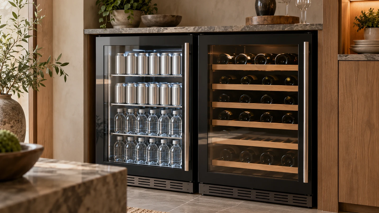 PIONEERWORKS beverage cooler: Two glass-door fridges hold cans, water bottles and wine bottles beneath a stone countertop.