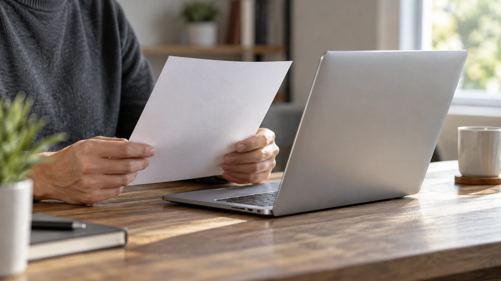 Dell Inspiron PDF watermark checks: A person holds a blank sheet beside an unbranded laptop on a wooden desk.
