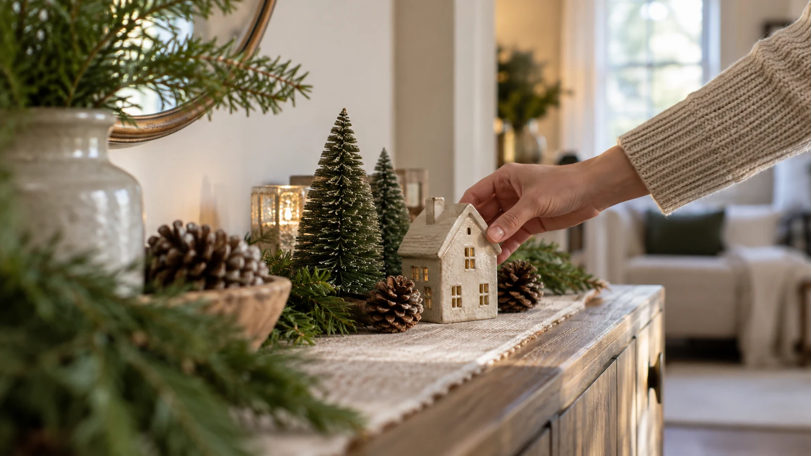 holiday display planning: A hand holds a ceramic house beside miniature trees and pinecones on a wooden console table.