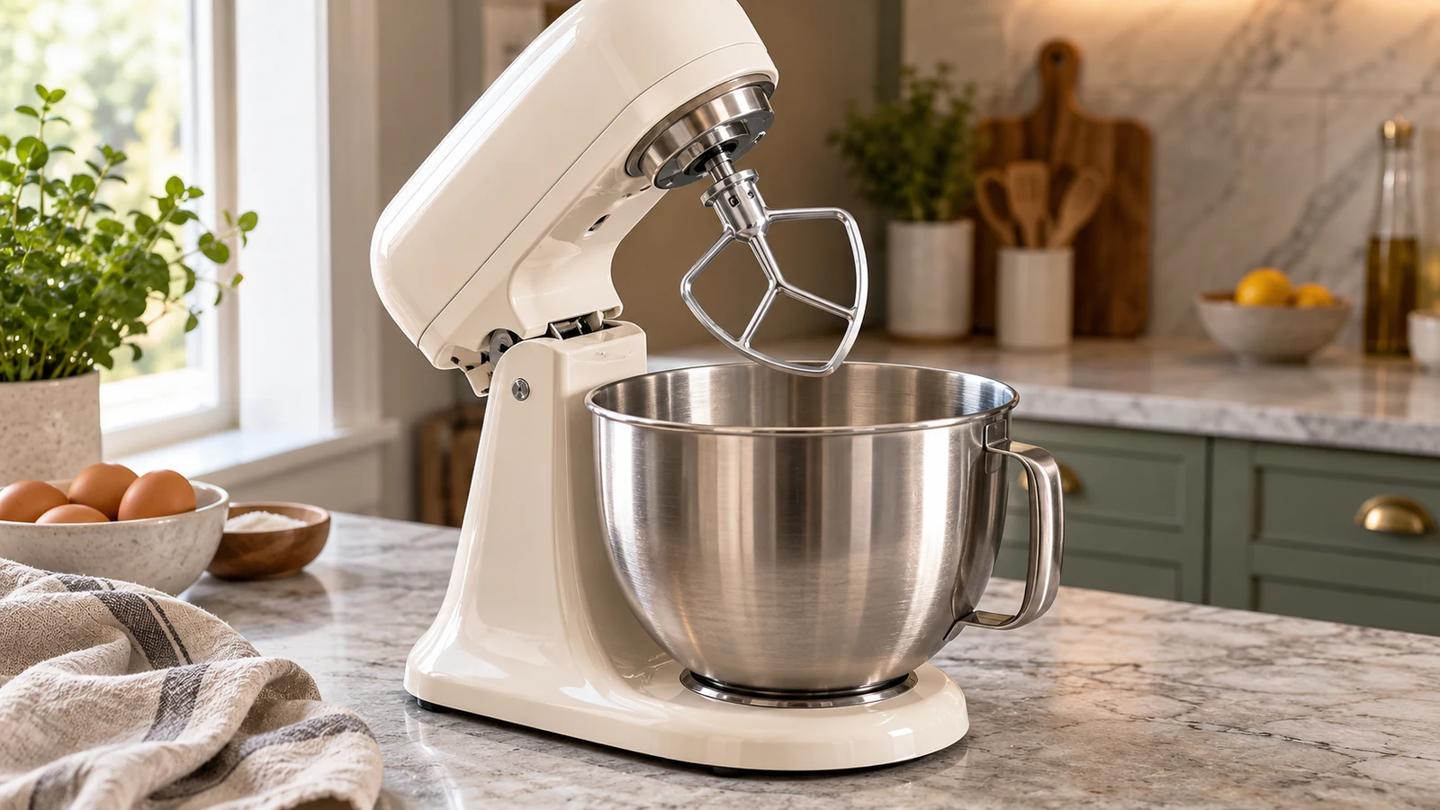 KitchenAid stand mixer: An unbranded cream mixer has its head raised above an open stainless-steel bowl.