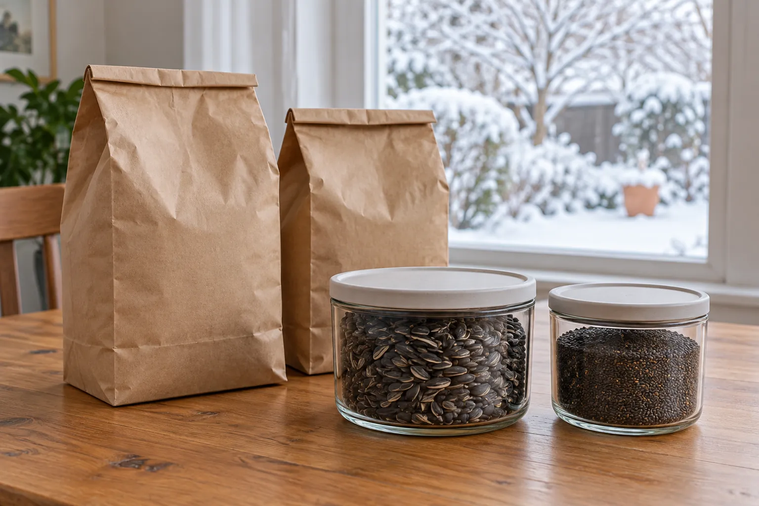 Winter bird seed planning with two plain closed seed bags and sealed food containers on an indoor table.