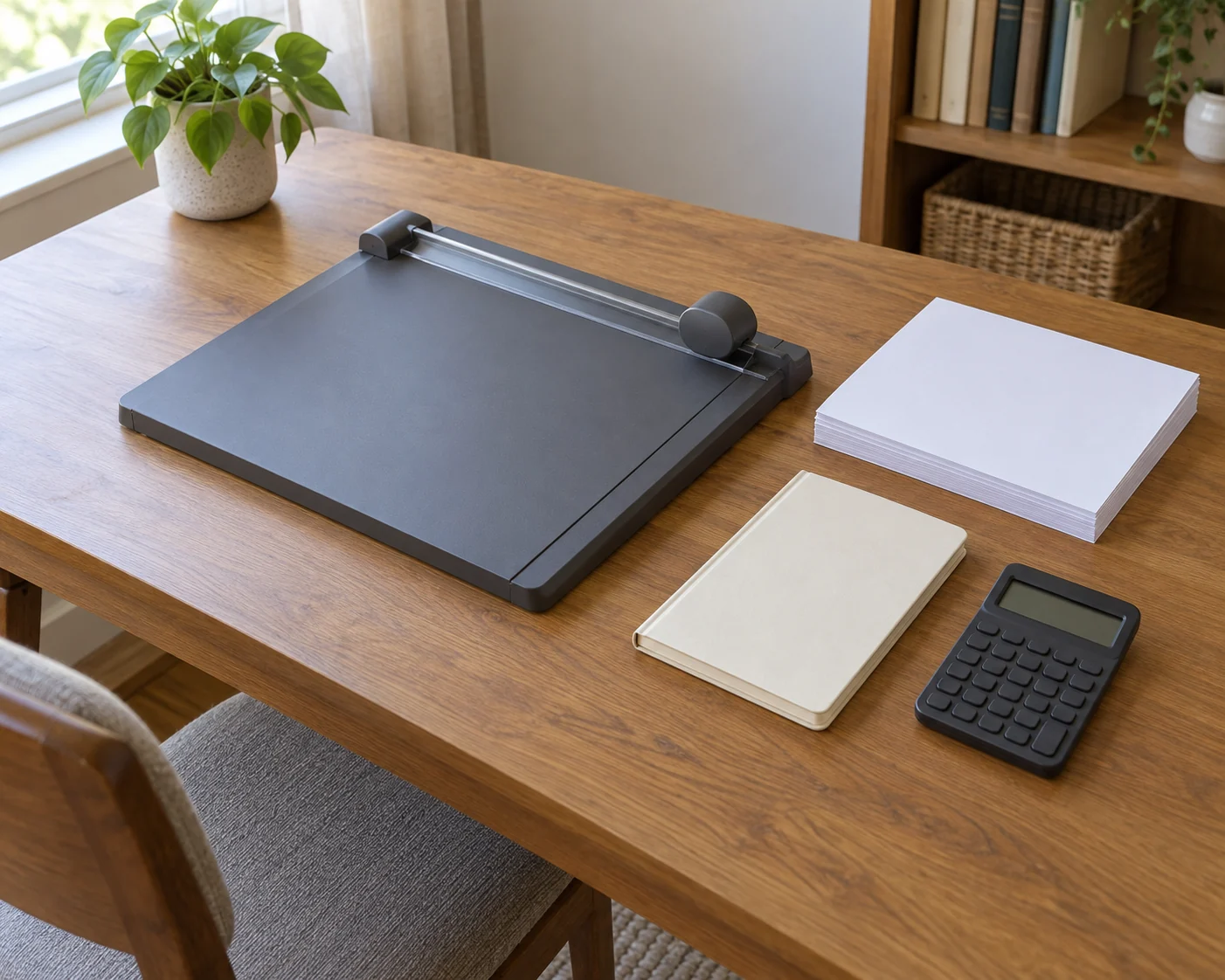Paper trimming minimum charge concept with a whole generic inactive rotary trimmer, blank paper, a closed notebook and a calculator with a blank screen.