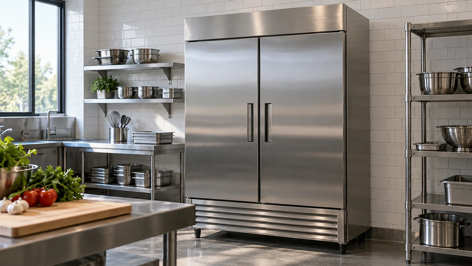 Elite Kitchen Supply EKS-KR49 refrigerator: An unbranded stainless-steel refrigerator stands beside prep counters against a tiled wall.