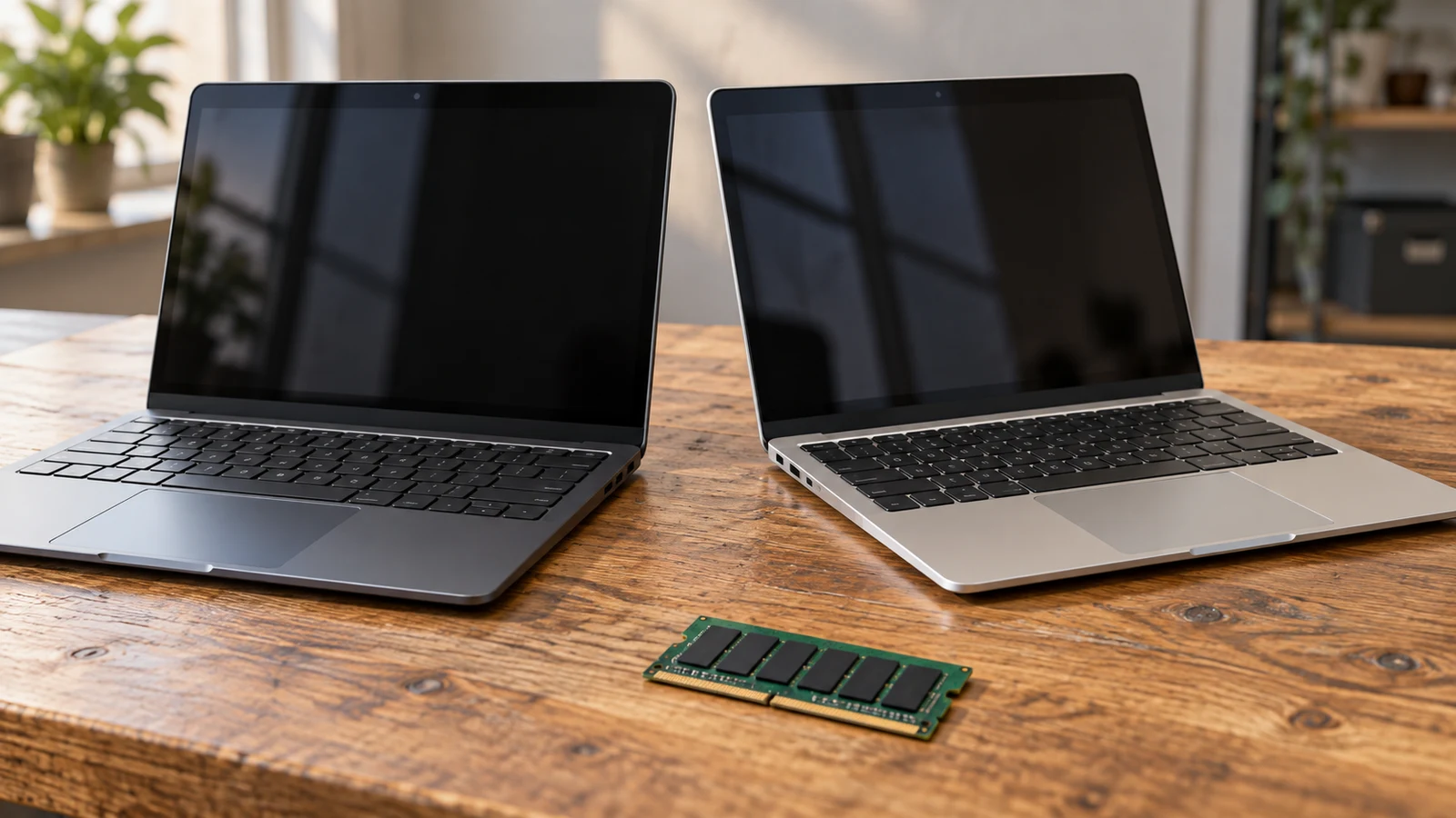 NBD mini laptop: Two open laptops with dark screens sit beside a memory module on a wooden table.