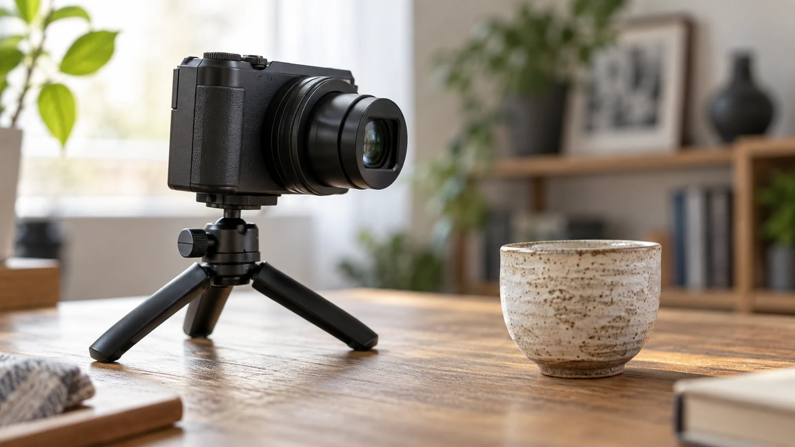 Sony ZV-1 II close-up focus checks: An unbranded compact camera sits on a small tripod beside a ceramic cup on a wooden table.