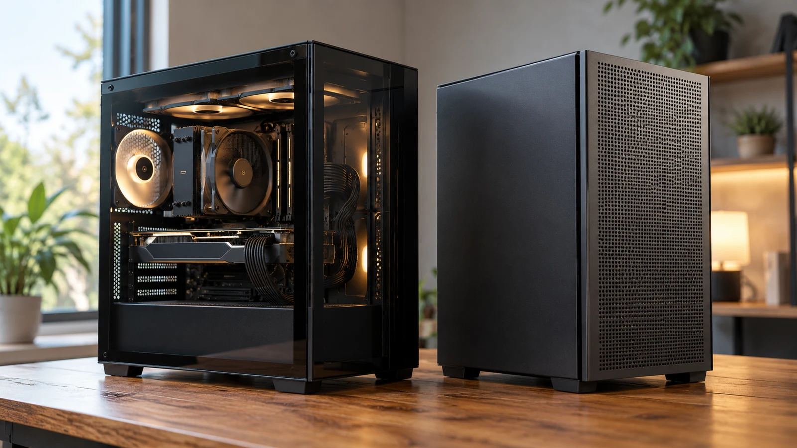 Hoengager RTX 5060 desktop: Two black desktop computer towers stand side by side on a wooden desk.