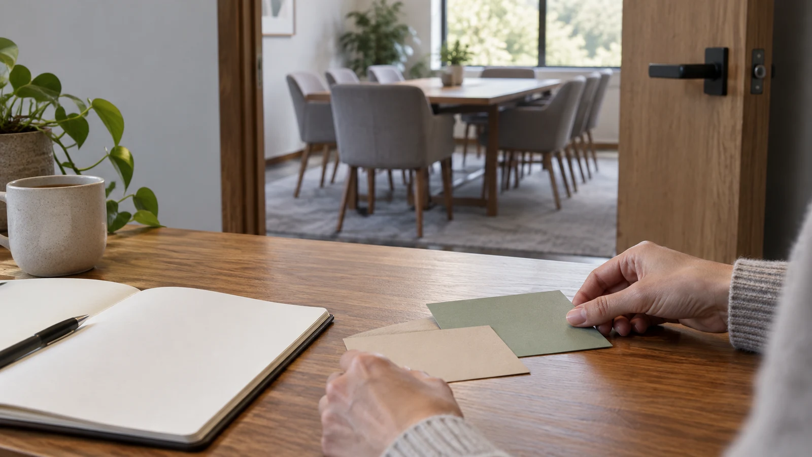 room booking grid: Hands arrange blank cards beside an open notebook, with a table and chairs visible through a doorway.
