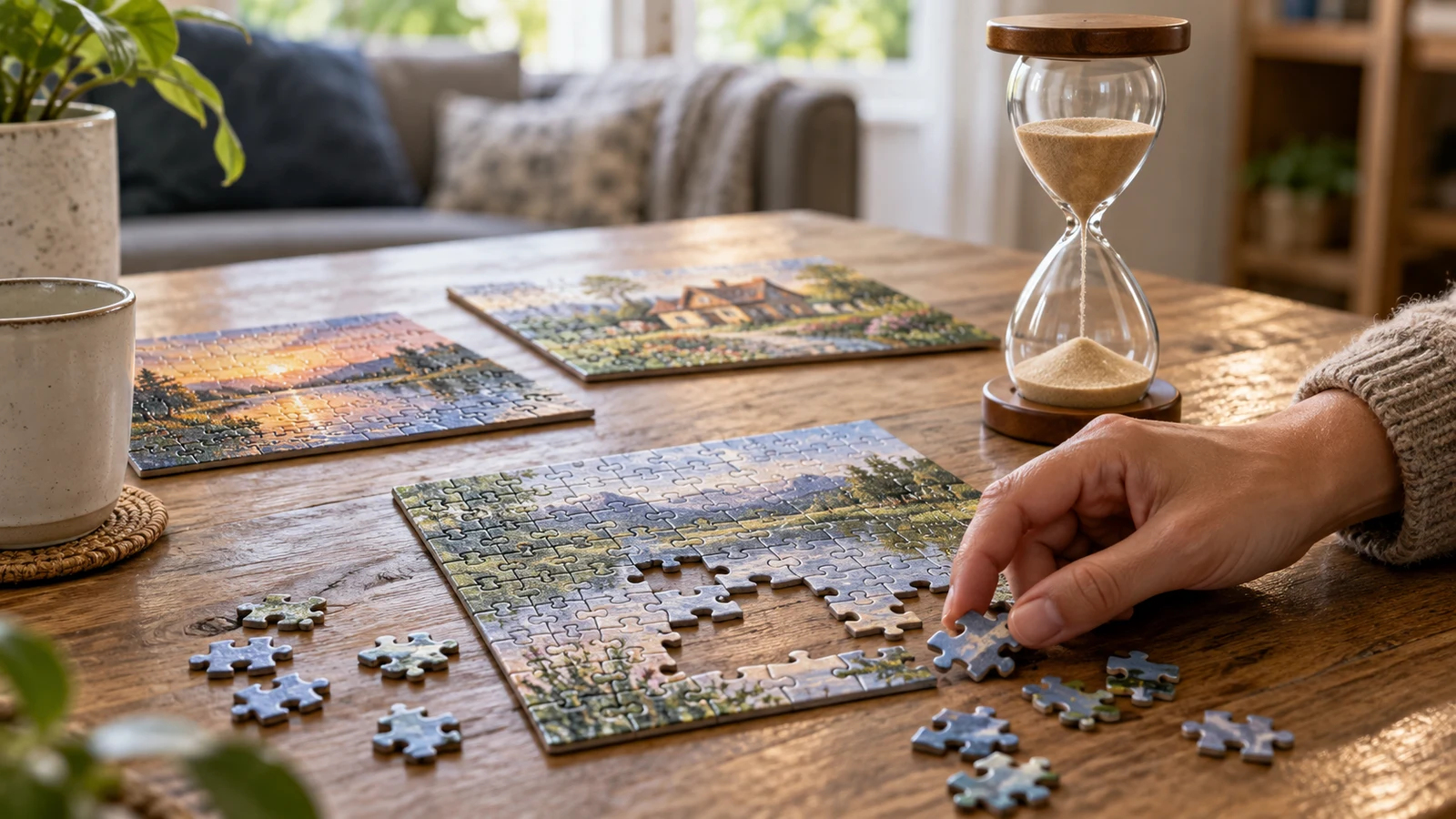 median and mean: A hand holds a jigsaw piece beside puzzles and an hourglass on a wooden table.