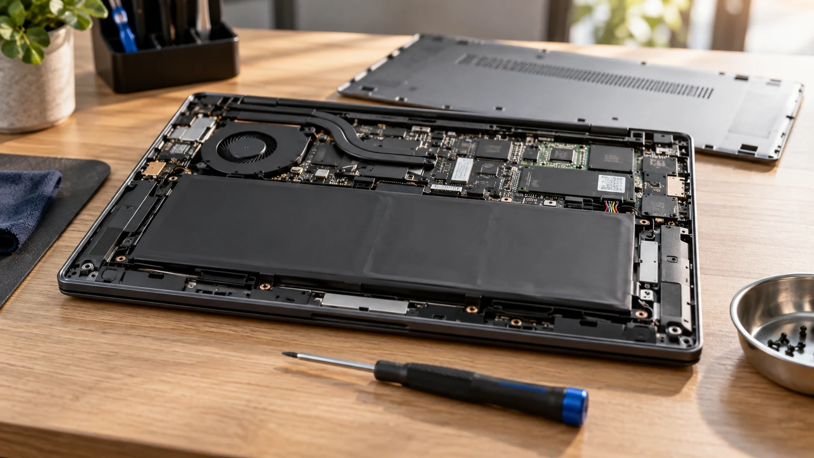 Dell Inspiron battery service checks: An exposed laptop battery sits beside a screwdriver on a wooden workbench.