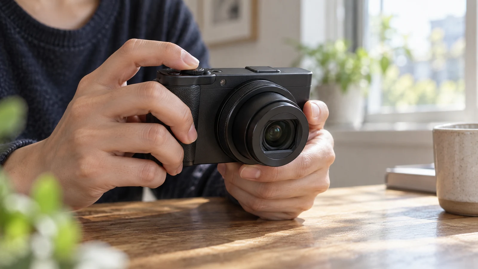 Sony ZV-1 II exposure compensation checks: A person holds an unbranded black camera above a wooden table.