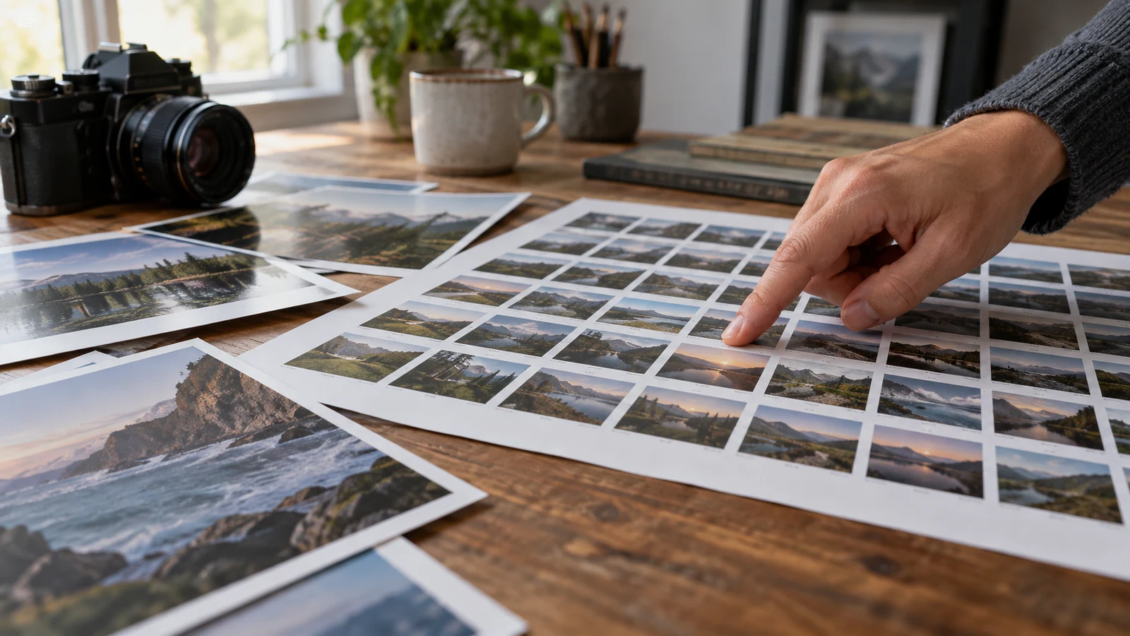 photo contact sheet planning: A hand points to a landscape thumbnail on a printed contact sheet on a wooden desk.