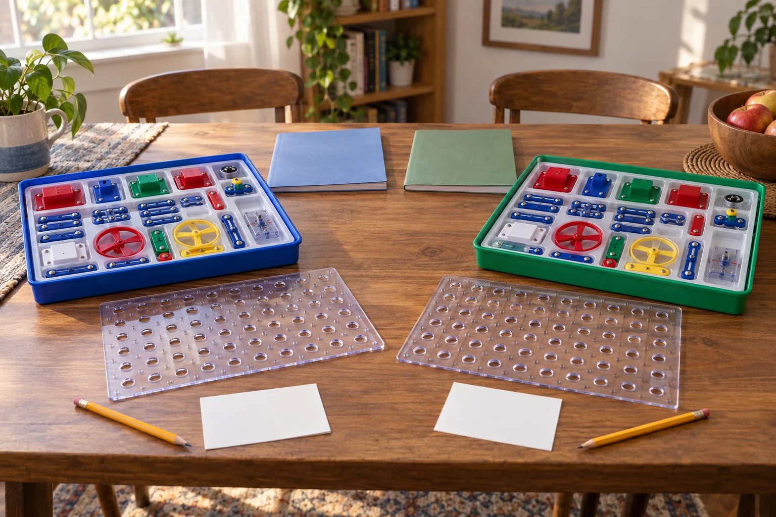 Snap Circuits afternoon concept showing two separate generic inactive learning kit trays, empty grids, closed booklets and blank cards.