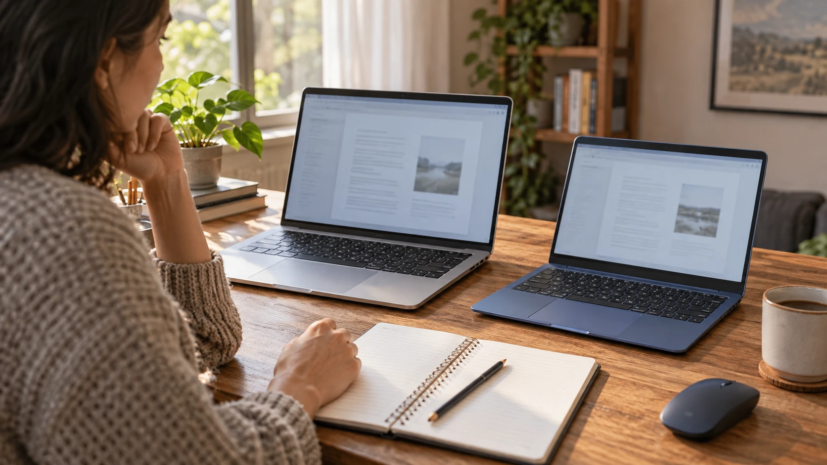 HP 15.6 Core i3-N305 vs ASUS Vivobook 14 X1404VA comparison and cryptocurrency purchasing guide represented by generic laptops, mouse and planning notebook at a desk; conceptual editorial illustration, not actual retail products or a checkout screenshot.