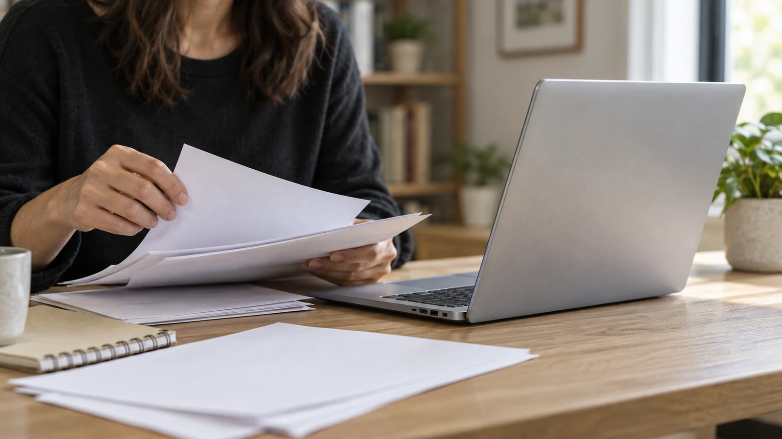 Dell Inspiron document search checks: A person holds papers beside an unbranded laptop on a wooden desk.
